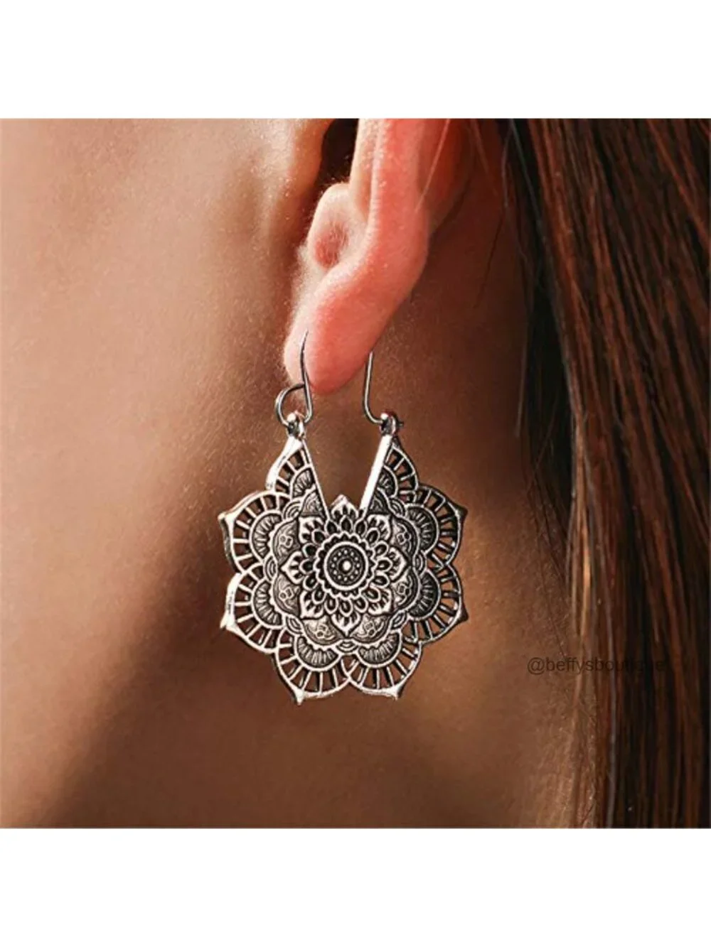 Hammered Antique Silver Drop Dangle Earrings Boho Mandala